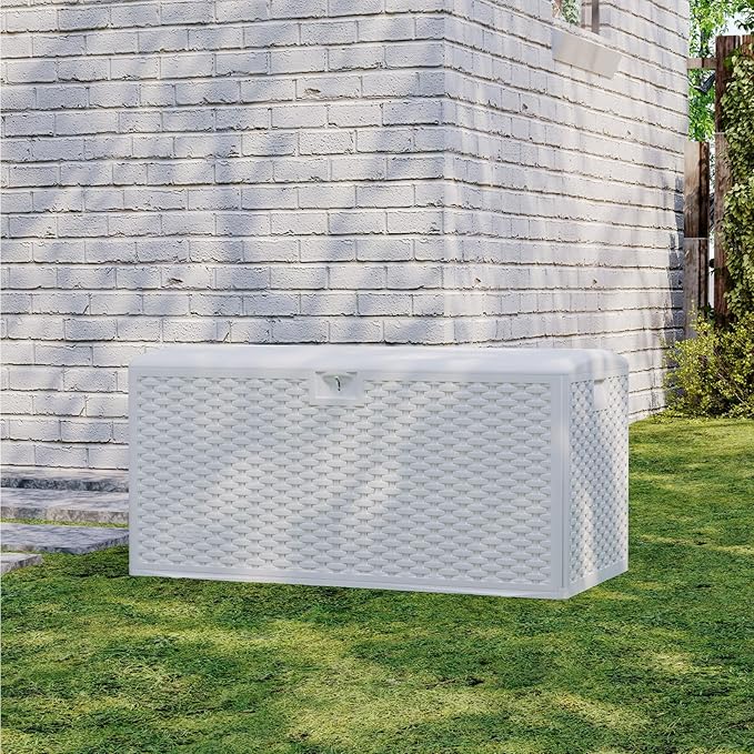 Garvee 120 Gallon Waterproof Large Resin Deck Box Indoor Outdoor, Lockable Storage Container for Patio Furniture Tools, Waterproof Deck Box with Hydraulic Rod Patio Storage Bin for Pool Garden, White
