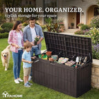 YITAHOME 110 Gallon Outdoor Deck Box, Waterproof Resin Storage Box with Lock, Lockable Patio Furniture Bin, 2-Person Bench Seating for Outdoor Cushions, Garden Tools & Sports/Pool Supplies, Dark Brown