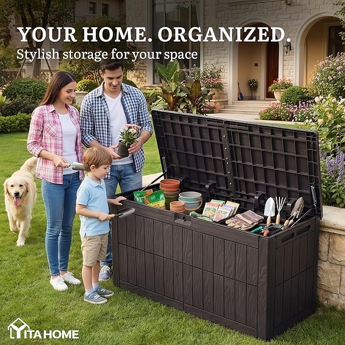 YITAHOME 110 Gallon Outdoor Deck Box, Waterproof Resin Storage Box with Lock, Lockable Patio Furniture Bin, 2-Person Bench Seating for Outdoor Cushions, Garden Tools & Sports/Pool Supplies, Dark Brown