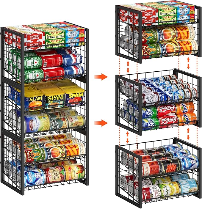X-cosrack 2-Tier Stackable Can Organizer for Pantry, 3 Packs Adjustable Pantry Organizer Storage for Canned Food Goods Soda, Sturdy Canning Rack Can Dispener Storage Holder for Pantry Kitchen, Black