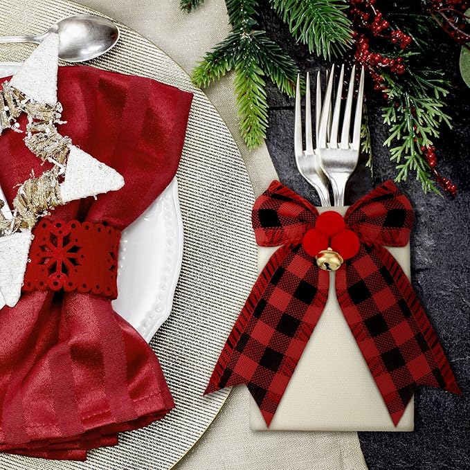 12 Pieces Christmas Silverware Holder Burlap Utensil Holder Xmas Tableware Holder Buffalo Plaid Cutlery Fork Bag for Christmas Party Dinner Tableware Decoration (Red and Black)