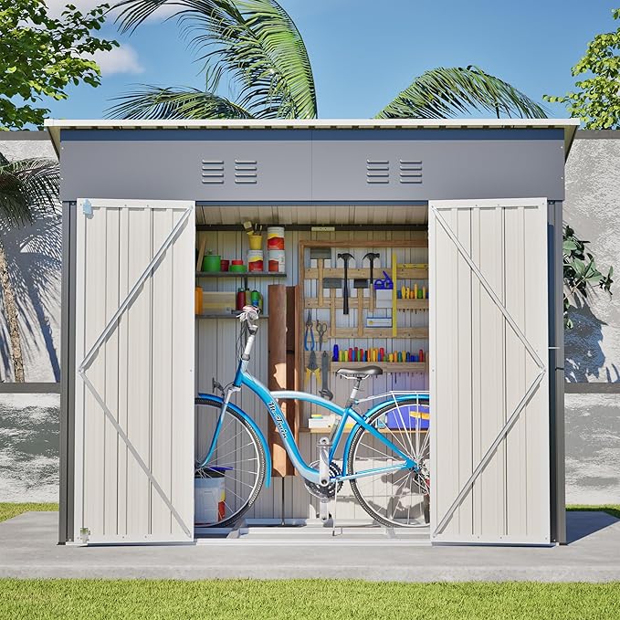 4x8 FT Outdoor Storage Shed,Slope Roof Storage Metal Garden Shed Steel with Reinforced Beams,All Weather Waterproof Garden Tool House W/Lockable Door & 4 Air Vents,for Backyard,Patio,Lawn,Grey