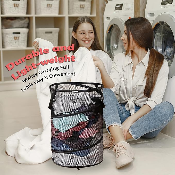 Pop Up Hamper for Laundry Mesh Collapsible Laundry Basket | Large Clothes Hamper - Black 16"L x 16"W x 24"H (Pack of 2)