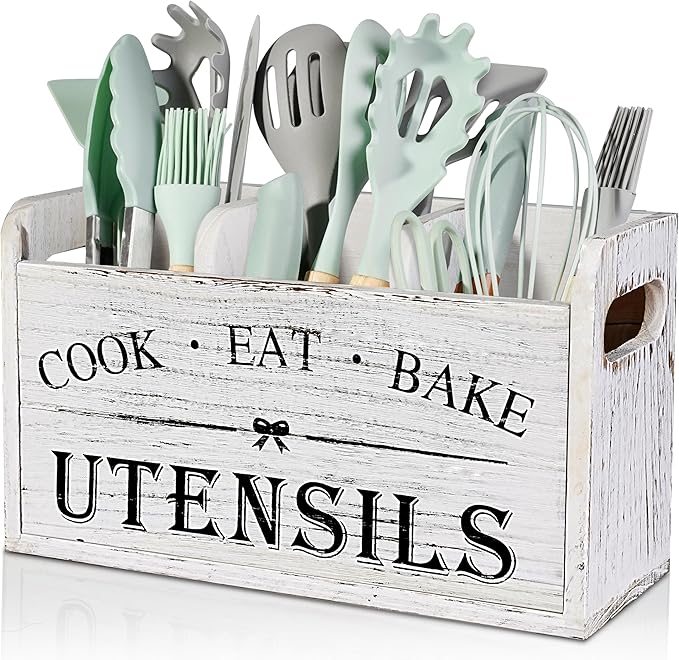 Kitchen Utensil Holder with 3 Compartments, Wooden Storage Utensil Organizer for Countertop, Farmhouse Decor, Rustic Cooking Utensil Kitchen Tool
