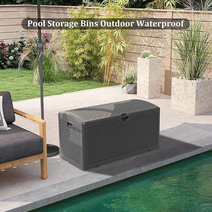 90 Gallon Resin Deck Box, Waterproof Outdoor Storage Bin for Patio, Poolside, and Garden, Lockable & UV-Resistant, Ideal for Small Spaces, Black