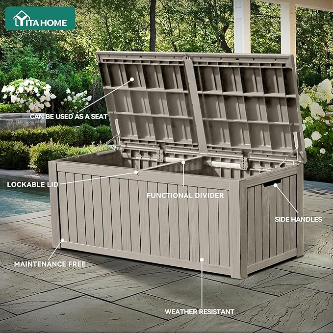YITAHOME 150 Gallon Large Outdoor Storage XL Deck Box w/Divider for Patio Furniture,Outdoor Cushions, Garden Tools, Sports Equipment and Pool Supplies, Waterproof, Resin, Lockable, Taupe