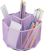 Annova Mesh Desk Organizer Rotate with 5 Compartments Spinning Tidy Candy/Pen Holder Office, Art Supply, Storage, Classroom, Home (Light Purple)