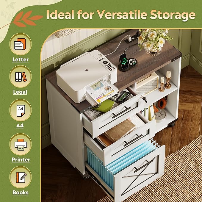 DEVAISE Wood File Cabinet with Charging Station, Mobile Lateral Filing Cabinet with Lock for Home Office, Printer Stand with Open Storage Shelves, Cottage Style White