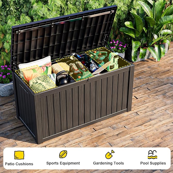 180 Gallon Outdoor Waterproof Resin Storage Deck Box Lockable Outside Bench UV Resistant Bin Patio Porch Furniture Pool Float Garden Tool Cushion Black