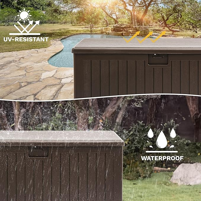 DWVO 150 Gallon Double-Wall Deck Box, XL Large Resin Outdoor Storage Box, Lockable & Waterproof, Double as Seating, 1000lbs Capacity (Brown)