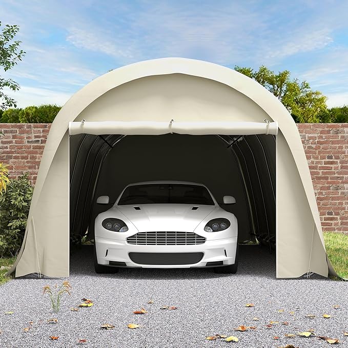 Outsunny 12' x 23.6' Heavy Duty Carport, Portable Garage Car Canopy Tent with UPF50+ Sun Protection, Galvanized Frame, Large Roll-Up Door for Cars, Trucks, Boats, Motorcycle, Bike, Beige