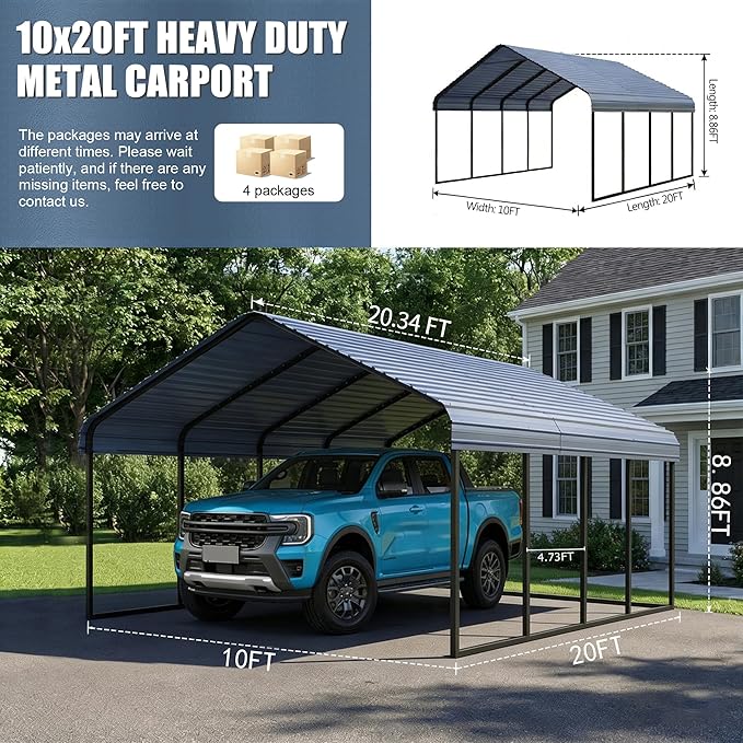 10x20 ft Metal Carport & Portable Garage, Heavy Duty with Galvanized Steel Roof & Frame - Large Tall Carports Canopy for Snow, Grey for Outdoor Garages