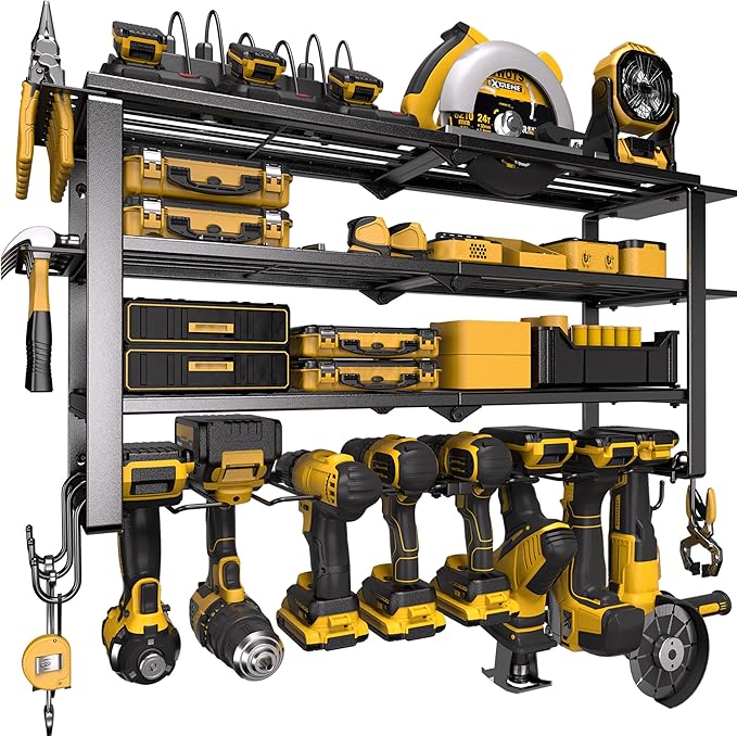 420LB Capacity Power Tool Organizer with Charging Station & 6 Outlets | Quick Assembly 4-Layer Heavy Duty Rack for Drills & Batteries | Ultimate Garage Storage & Christmas Gift for Men