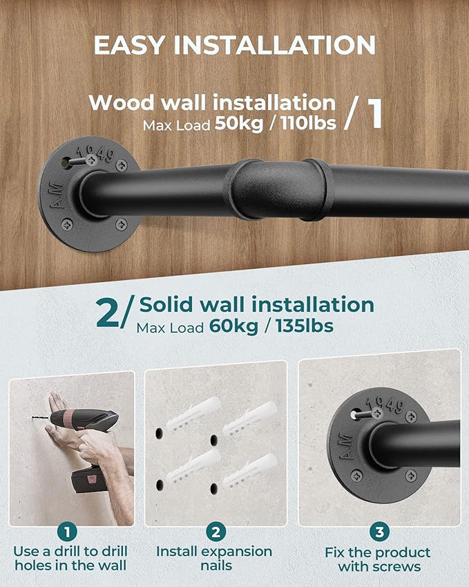 OROPY Industrial Pipe Clothes Rack 21.2” Set of 2, Heavy Duty Wall Mounted Black Iron Garment Bar, Multi-Purpose Clothing Hanging Rod for Laundry Room and Closet Storage