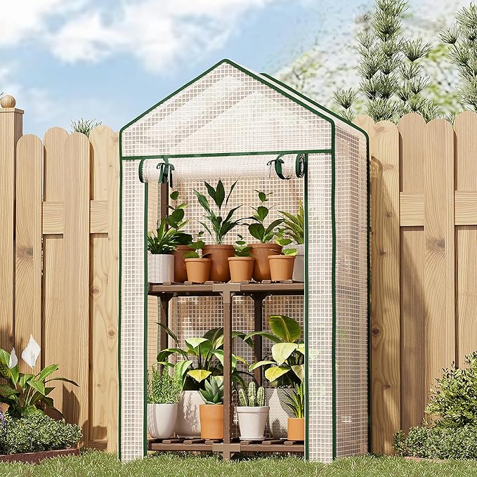Bamworld Mini Greenhouse Indoor Outdoor 2-Tierd Reusable Portable Warm House with PE Cover Compact Garden and Backyards Portable Rack with Sturdy Eucalyptus Frame Winter-Proof for Plant Protection