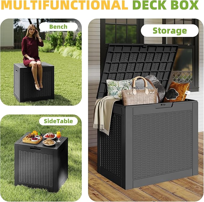 Vixzen 31 Gallon Waterproof Resin Deck Box, UV Resistant Outdoor Storage for Garden, Patio, Porch, Delivery,Rattan （Black，31 Gallon）