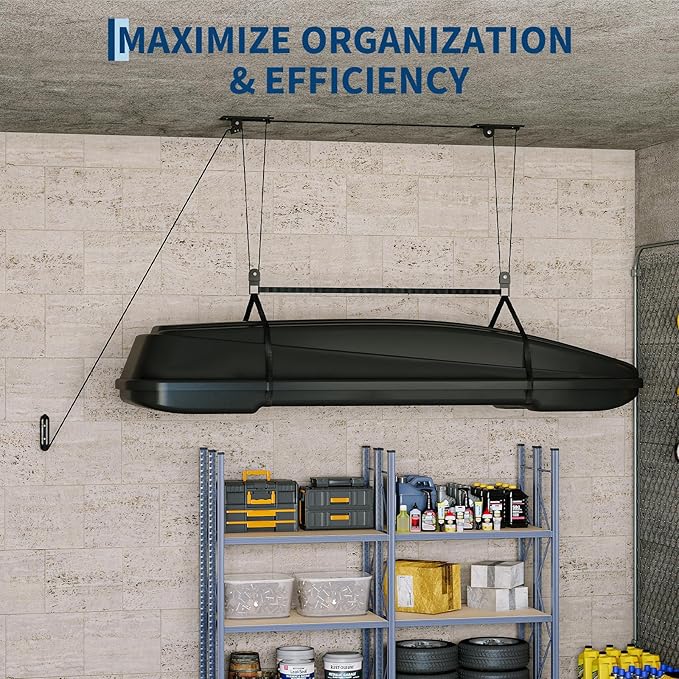 Cargo Box Garage Pulley System, Heavy Duty Ceiling Hoist for Rooftop Cargo Boxes, 200 Lb Capacity, Fits 10–14 ft Garage Ceilings, Includes Adjustable Straps & 20 m Ropes, Space‑Saving Ceiling Mounted