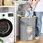 ELONG HOME Laundry Basket, 100L Grey Collapsible Laundry Baskets with Removable Liner and Bamboo Handle, Laundry Basket with Lid for Bathroom, Bedroom & Laundry Room