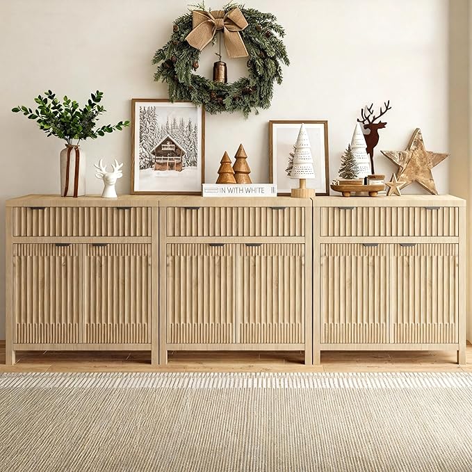 FLOWBACK Fluted Sideboard Buffet Cabinet with Large Storage,Modern Credenza Coffee Bar Cabinet with Adjustable Shelves, Farmhouse Console Table for Kitchen, Living Room, Entryway, 3 Pieces
