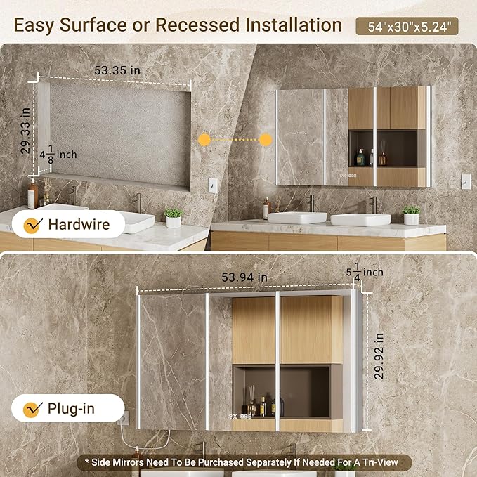 54x30 Lighted Medicine Cabinet Mirror with Lights & Smart Night Lamp -Surface or Recessed Medicine Cabinet with Outlet & Clock,Fogless Dimmable LED Storage Mirror,Built-in Sensor Light