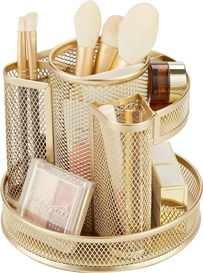 Annova Mesh Desk Organizer Rotate with 5 Compartments Round Spinning Tidy Candy/Pen Holder Desk Accessories Office, Art Supply, Storage, Classroom, Home (Gold)
