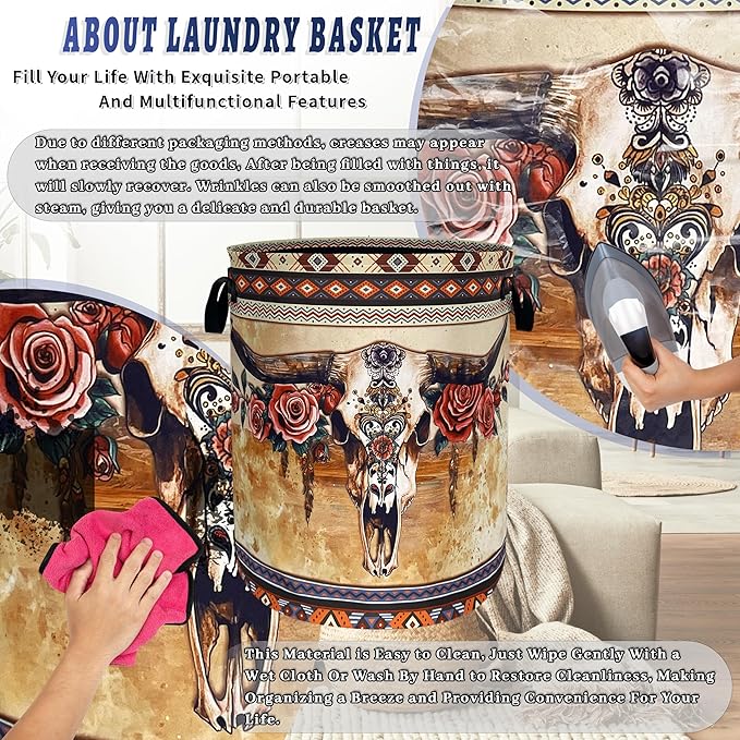 Boho Longhorn Cattle Skull Laundry Basket Oxford Cloth Tribal Laundry Hamper With Handle Foldable Portable Clothes Storage Basket Funny Laundry Bag 18.9"x16.5" For Laundry Room/Bedroom/Bathrooms