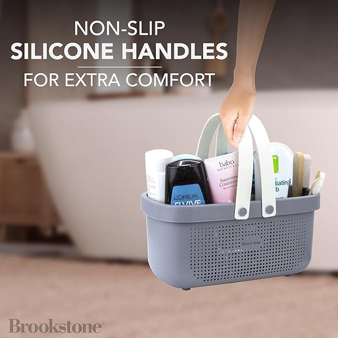Brookstone Modern Large Portable Shower Caddy with Soft Silicone Carrying Handle, Bathroom Organizer Basket, Plastic Bath Tote and Shower Organizer, Quick Dry Drainage Holes, BPA Free, Grey