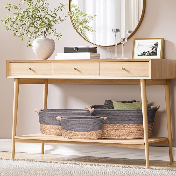 Seville Classics Premium Natural Handwoven Portable Laundry Bin Basket with Carrying Handles, Household Storage for Clothes, Linens, Sheets, Natural Water Hyacinth and Gray Rope, 3 Piece Set