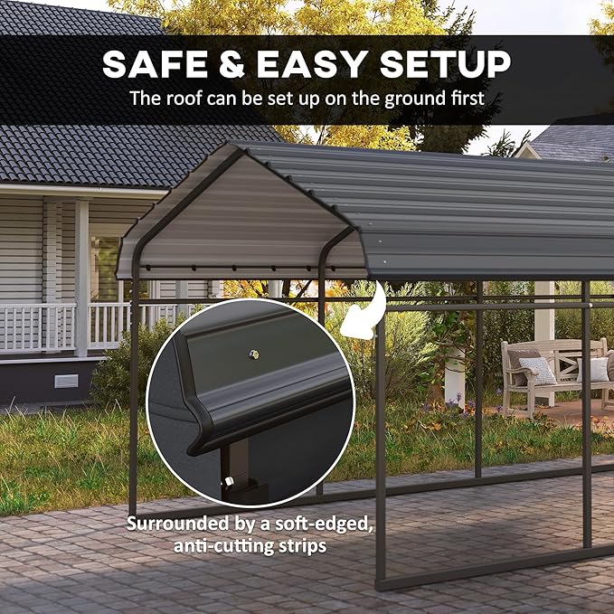 Outsunny 12' x 20' Heavy Duty Metal Carport, Waterproof Garage Car Canopy Shelter with Galvanized Metal Roof and Removable Sidewalls for Cars, Boats, Tractors, Dark Gray