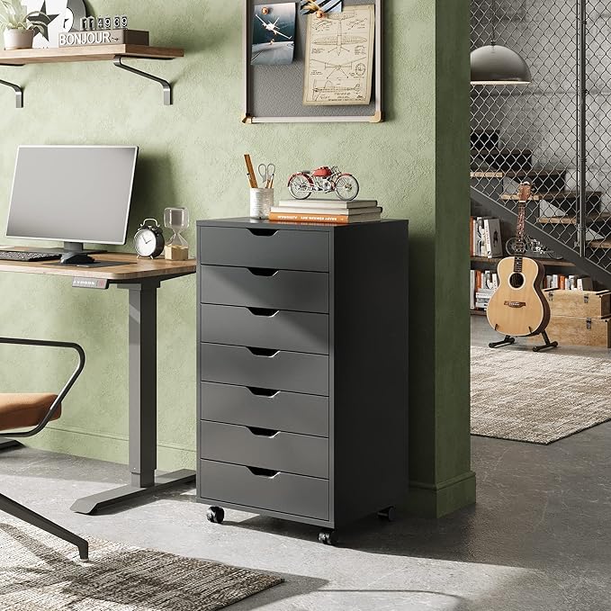DEVAISE 7-Drawer Chest, Wood Drawer File Cabinet with Wheels, Black