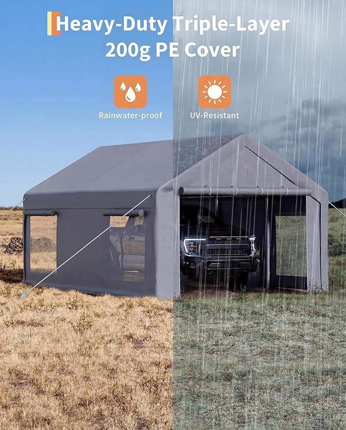 Garvee 10x20 ft Portable Garage, Car Port with 200 g PE Tarp Canopy, with 2 Roll-Up Doors and 4 Windows, for Temporary Paint Booth, Boats&Pickups Shed, and Event Shelter, Gray