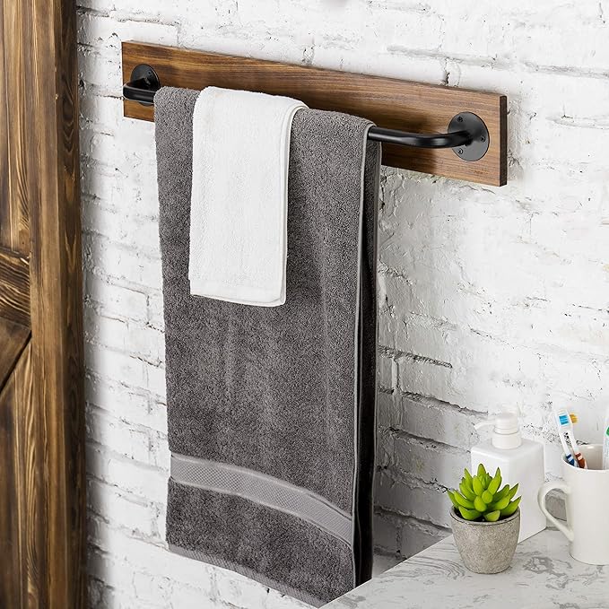 MyGift Industrial Pipe Towel Bar, 28 Inch Bathroom Wall Mounted Towel Holder with Metal Rod Rustic Burnt Wood Bathroom Sets, Farmhouse Towel Holder