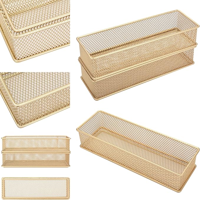 Annova Mesh Stackable Drawer Cabinet and Shelf Organizer Bins Storage Basket School Office Supply Holder Tray- Set of 2 (Gold, 3x9x2 Inch)