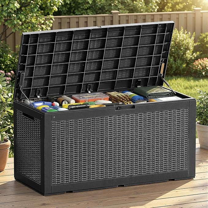 Vixzen 120 Gallon Waterproof Large Deck Box, Lockable Resin Outdoor Storage Box with Hydraulic Lid, Durable Storage Bin for Patio Furniture Cushions, Garden Tools, Pool Accessories, Black