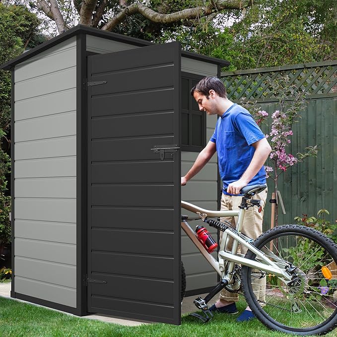 DWVO 5x3 FT Outdoor Storage Shed with Reinforced Floor, All-Weather Resin Storage Shed with Lockable Door & Window, Waterproof Plastic Tool Storage for Garden, Backyard, Patio, Lawn,Blue-Gray+Black