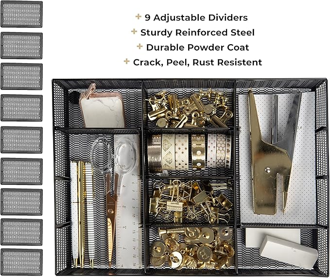 BLU MONACO | Black Metal Mesh Desk Drawer Organizer Tray | 12 Adjustable Compartments & 9 Removable Dividers | Space-Saving Office Supplies Organizer for Drawers, Vanity, Kitchen & Workspace Storage