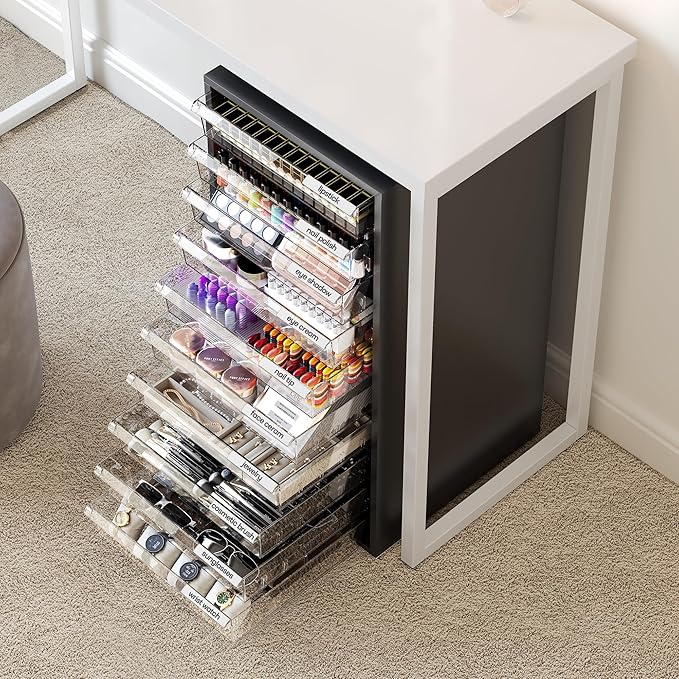 WOPITUES Storage Drawer Cart, Mobile Storage Cabinet, Makeup Storage with 10 Large Clear Drawers, Utility Wooden Rolling Cart on Wheels, for Cosmetic, Art Craft, Office Supplies, Toy, Black