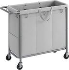 SONGMICS Laundry Basket with Wheels, 3-Section Rolling Laundry Hamper, 52.8 Gallons (200 L), Removable Liner, Steel Frame with Handle, 35.8 x 15.4 x 31.9 Inches, Dove Gray URLS005G01