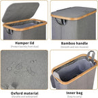 65L Slim Laundry Hamper, Narrow Laundry Basket with Lid,Foldable Clothes Hamper with Bamboo Handles,Hamper Basket with Removable Inner Bag for Laundry Room Bedroom College Dorm,17.17 Gals Grey