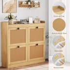 GarveeHome Shoe Cabinet Rattan with 4 Flip Drawers, Wooden Freestanding Shoe Organizer with Adjustable Shelves, Shoe Storage for Entryway, Closet, Hallway