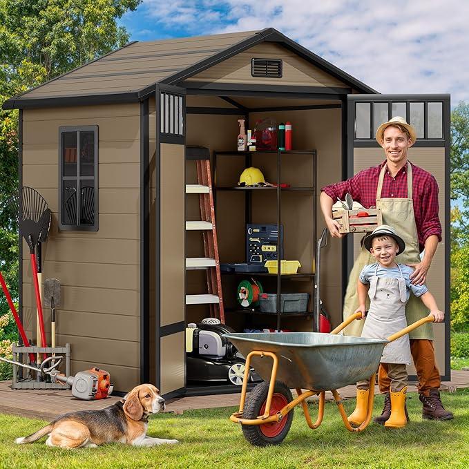 DWVO 6x4.4 FT Resin Storage Shed with Fence-Style and Side Windows, Lockable Door, and Vents Outdoor Storage Shed for Garden, Backyard, Patio, Lawn