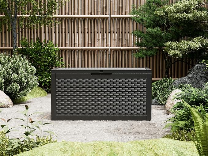 72 Gallon Outdoor Storage Box, Resin Deck Boxes Outdoor Waterproof For Patio Furniture, Garden Tools, Pool Supplies, Lockable And UV Resistant (Rattan Black)