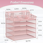 5 Tier Mesh Desk Organizer,Multi Functional Letter Paper Tray with 3 Pen Holders and 5 Adjustable Storage Compartments for Office Supplies Files and Mail Space Saving Desktop Organizer-Pink