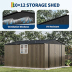 GarveeLife 10 x 12 FT Metal Storage Shed for Outdoor with Floor Frame&Clear Window,Steel Yard Shed with Design of Lockable Doors, Utility and Tool Storage for Garden, Backyard, Patio, Outside, Brown