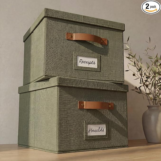 ZICOTO Decorative File Organizer Box Set of 2 - Collapsible Linen Filing Cabinets w/Handles Are Perfect to Store all Your Documents & Hanging File Folders - Portable Easy Slide Crates with Lid