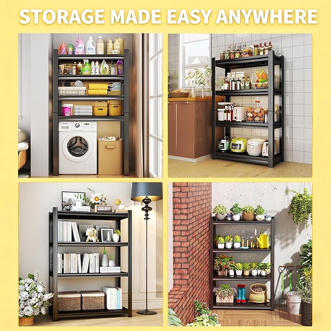 18" D Heavy Duty Garage Shelving Unit, 4-Tier Adjustable Shelf, Sturdy Metal Storage Shelves for Garage, Basement, Pantry & Warehouse, 63" H x 35" W x 18" D, Storage Rack, Black