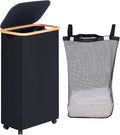 efluky Slim Laundry Basket with Wheels, Narrow Rolling Laundry Hamper with Lid and Removable Bag, Aesthetic Dirty Clothes Hamper on Wheels for Laundry Room, Bedroom, Dorm and Bathroom, 75L Dark Black