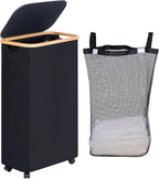efluky Slim Laundry Basket with Wheels, Narrow Rolling Laundry Hamper with Lid and Removable Bag, Aesthetic Dirty Clothes Hamper on Wheels for Laundry Room, Bedroom, Dorm and Bathroom, 75L Dark Black