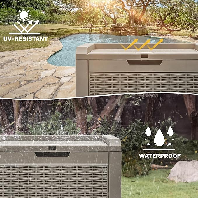 DWVO 32 Gallon Indoor Outdoor Storage Box, Resin Rattan Small Deck Box for Patio Furniture, Cushions, Garden Tools, Sports Equipment,Brown