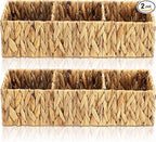 2 Pack 3 Section Wicker Storage Baskets Toilet Basket Tank Topper Natural Handmade Woven Storage Basket Rectangular Toilet Paper Organizer Basket with Dividers for Bathroom (Vertical Texture)